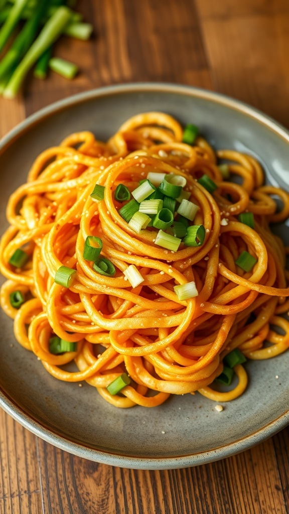 A plate of crispy fried noodles garnished with green onions and sesame seeds.